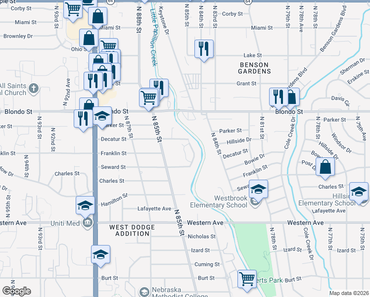 map of restaurants, bars, coffee shops, grocery stores, and more near 1728 North 84th Terrace in Omaha