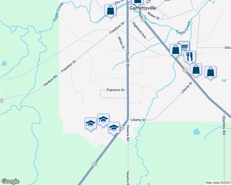 map of restaurants, bars, coffee shops, grocery stores, and more near 8040 Zupancic Drive in Garrettsville