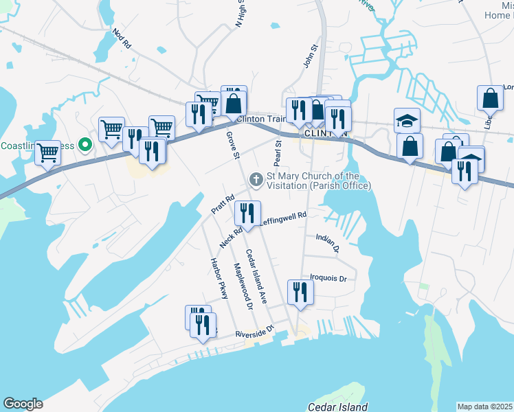map of restaurants, bars, coffee shops, grocery stores, and more near 58 Grove Street in Clinton