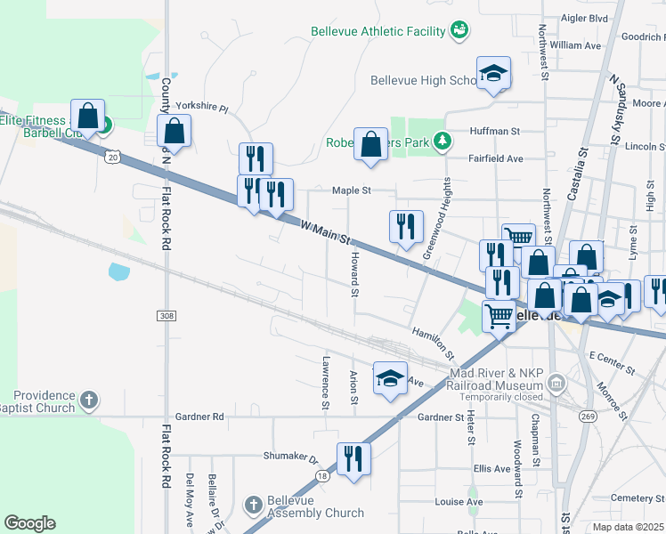 map of restaurants, bars, coffee shops, grocery stores, and more near 117 Lawrence Street in Bellevue