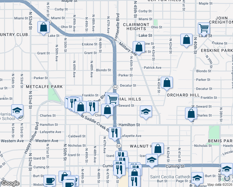 map of restaurants, bars, coffee shops, grocery stores, and more near 4704 Franklin Street in Omaha