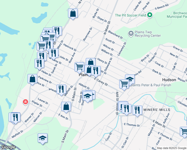 map of restaurants, bars, coffee shops, grocery stores, and more near 35-37 W Merritt St in Wilkes-Barre