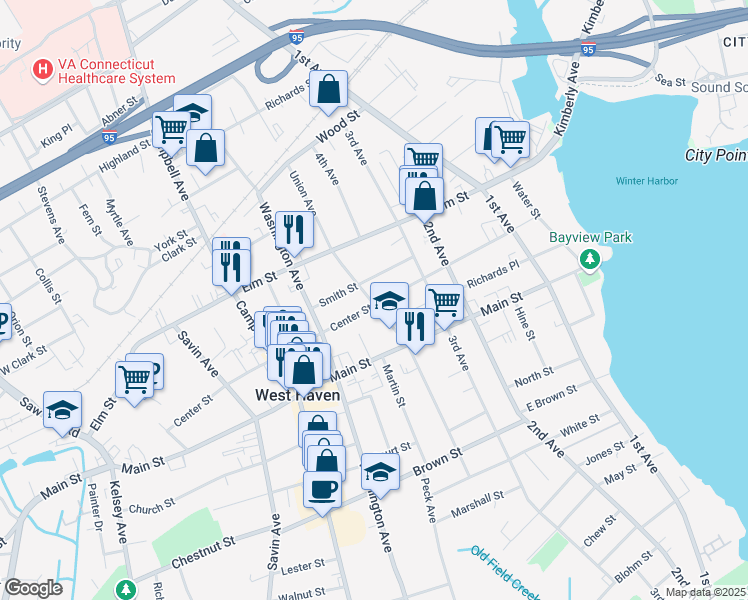 map of restaurants, bars, coffee shops, grocery stores, and more near 167 Center Street in West Haven