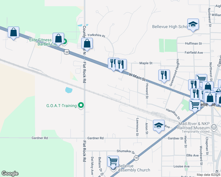 map of restaurants, bars, coffee shops, grocery stores, and more near 133 Redwood Dr in Bellevue