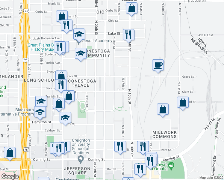map of restaurants, bars, coffee shops, grocery stores, and more near 1804 North 18th Street in Omaha