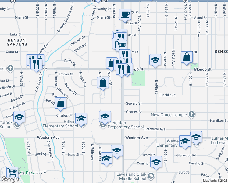 map of restaurants, bars, coffee shops, grocery stores, and more near 1715 North 73rd Street in Omaha