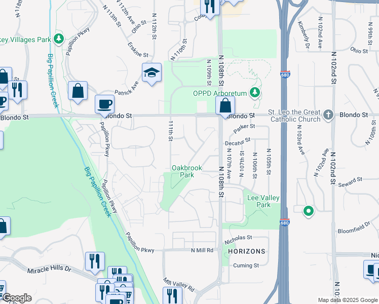map of restaurants, bars, coffee shops, grocery stores, and more near 1712 North 110th Avenue Circle in Omaha