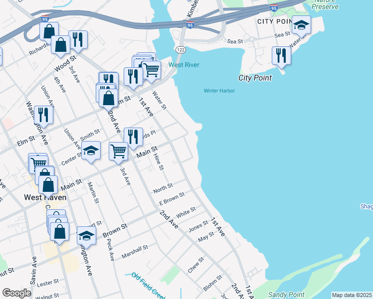 map of restaurants, bars, coffee shops, grocery stores, and more near 16 Bayview Place in West Haven