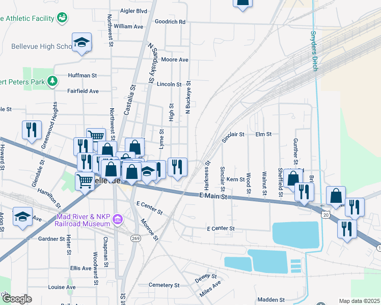 map of restaurants, bars, coffee shops, grocery stores, and more near 168 North Buckeye Street in Bellevue
