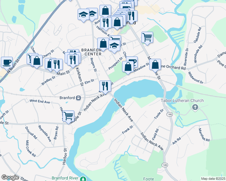 map of restaurants, bars, coffee shops, grocery stores, and more near 2 Indian Neck Avenue in Branford