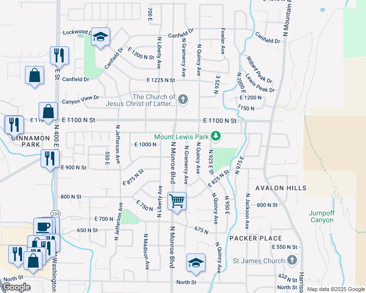 map of restaurants, bars, coffee shops, grocery stores, and more near 985 North Gramercy Avenue in Ogden