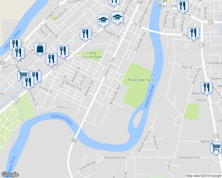 map of restaurants, bars, coffee shops, grocery stores, and more near 1001 Washington Avenue in Defiance