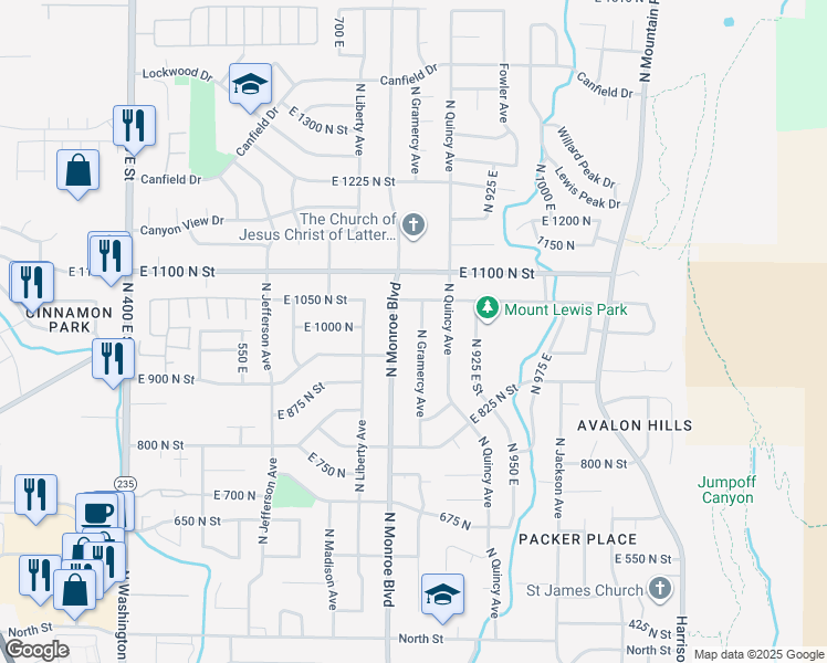 map of restaurants, bars, coffee shops, grocery stores, and more near 985 North Gramercy Avenue in Ogden