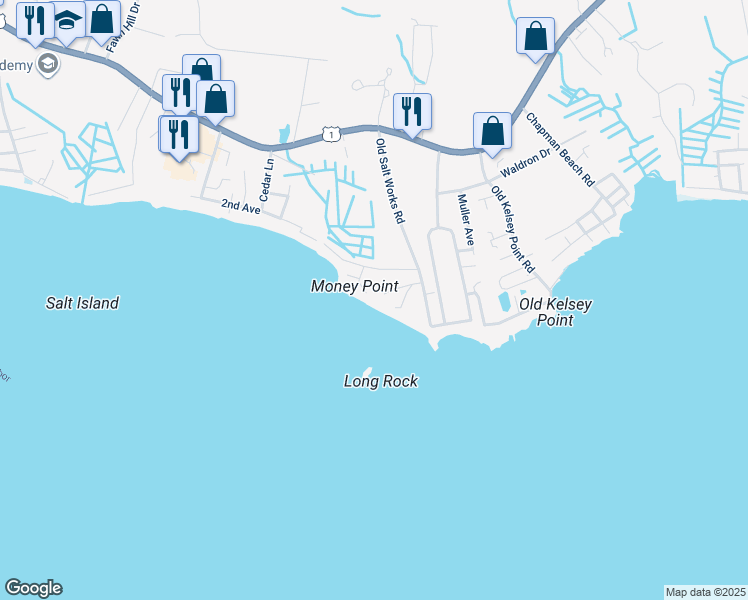 map of restaurants, bars, coffee shops, grocery stores, and more near 175 Old Salt Works Road in Westbrook