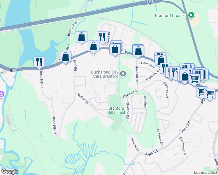 map of restaurants, bars, coffee shops, grocery stores, and more near 123 Jefferson Woods Road in Branford
