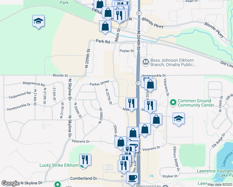 map of restaurants, bars, coffee shops, grocery stores, and more near 1711 206th Street in Omaha