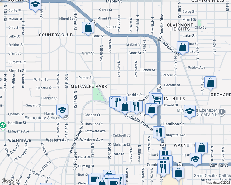 map of restaurants, bars, coffee shops, grocery stores, and more near 4934 Franklin Street in Omaha