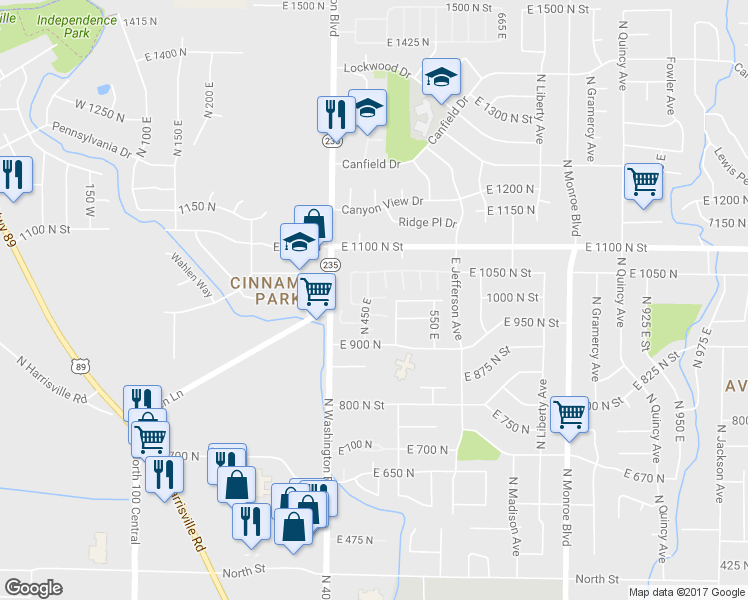 map of restaurants, bars, coffee shops, grocery stores, and more near 461E East 990 North Street in Ogden
