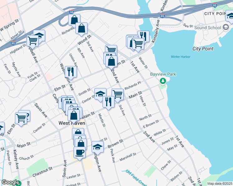 map of restaurants, bars, coffee shops, grocery stores, and more near 519 3rd Avenue in West Haven