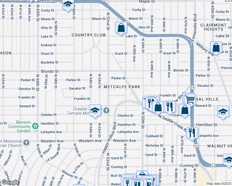 map of restaurants, bars, coffee shops, grocery stores, and more near 5136 Franklin Street in Omaha