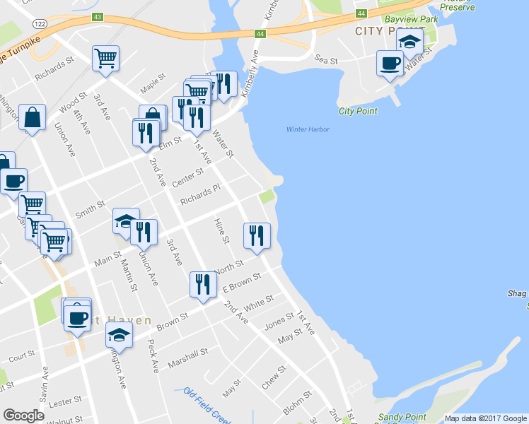 map of restaurants, bars, coffee shops, grocery stores, and more near 16 Bayview Place in West Haven