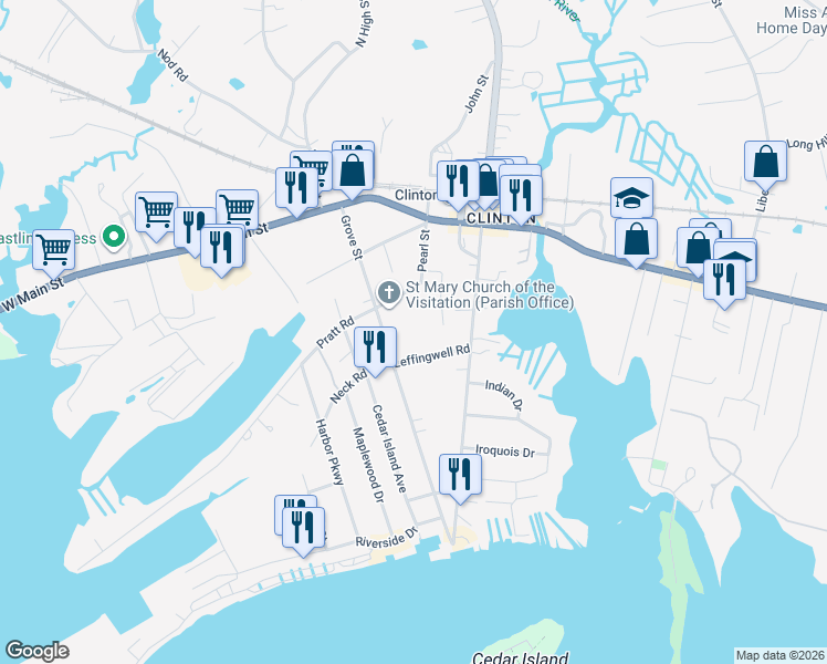 map of restaurants, bars, coffee shops, grocery stores, and more near 58 Grove Street in Clinton
