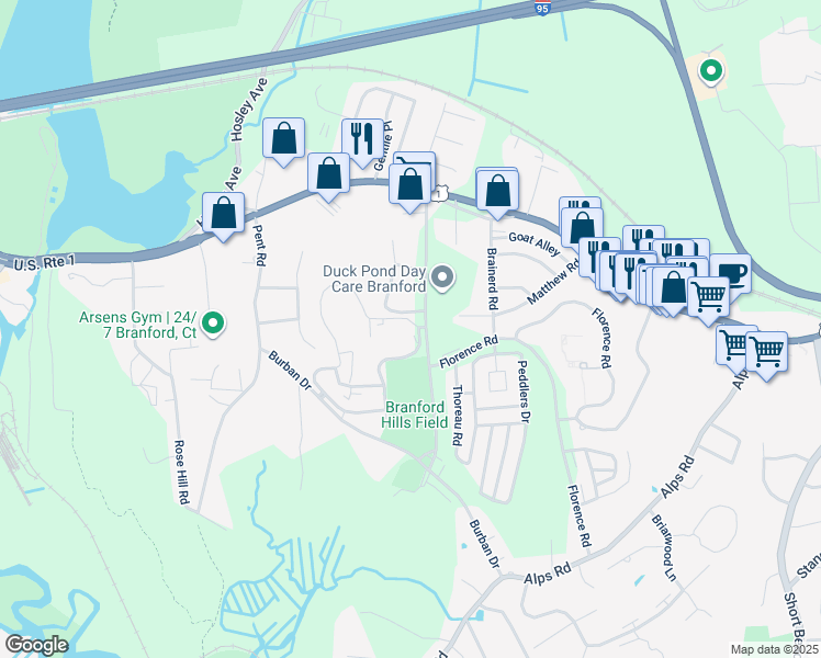 map of restaurants, bars, coffee shops, grocery stores, and more near 29 Jefferson Road in Branford