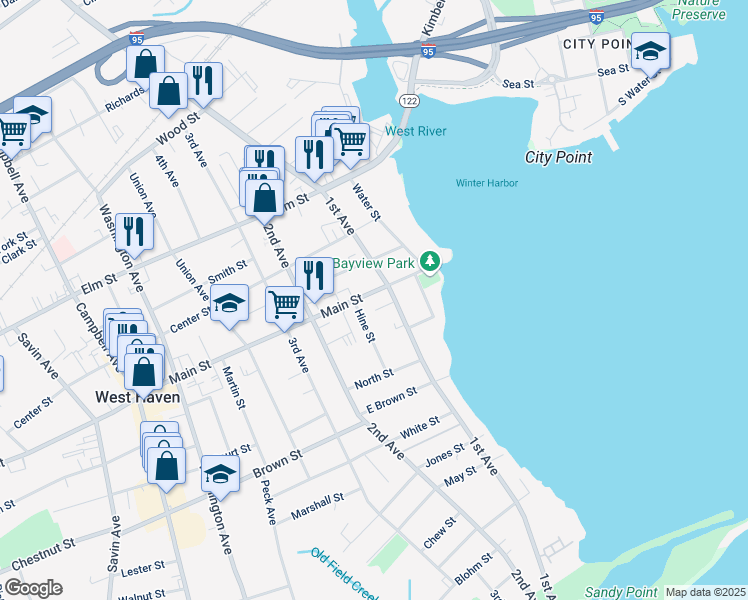 map of restaurants, bars, coffee shops, grocery stores, and more near 276 1st Avenue in West Haven