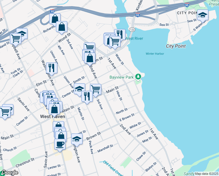 map of restaurants, bars, coffee shops, grocery stores, and more near 141 Main Street in West Haven