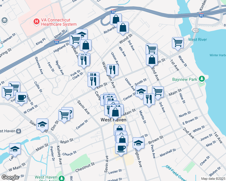 map of restaurants, bars, coffee shops, grocery stores, and more near 620 Washington Avenue in West Haven