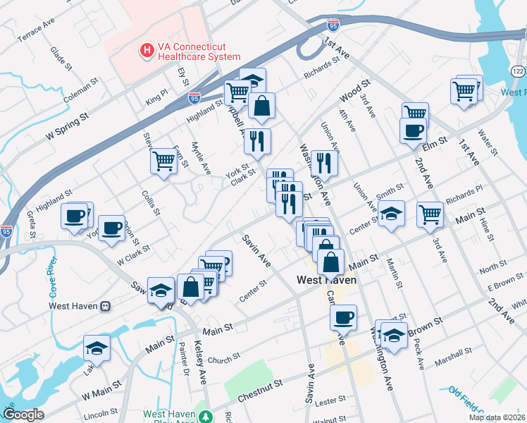 map of restaurants, bars, coffee shops, grocery stores, and more near 325 Elm Street in West Haven