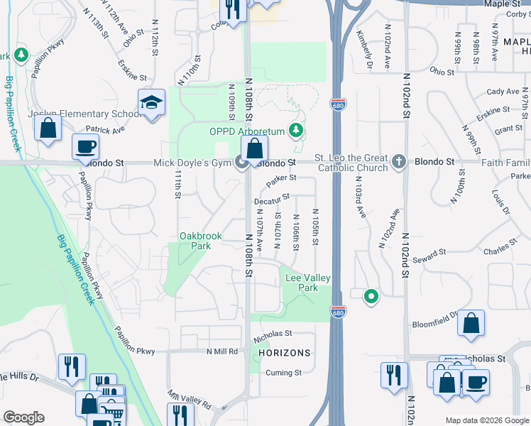 map of restaurants, bars, coffee shops, grocery stores, and more near 1712 North 107th Avenue in Omaha