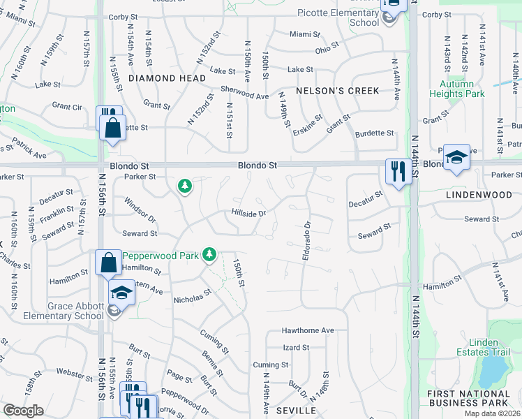 map of restaurants, bars, coffee shops, grocery stores, and more near 1862 North 150th Court in Omaha