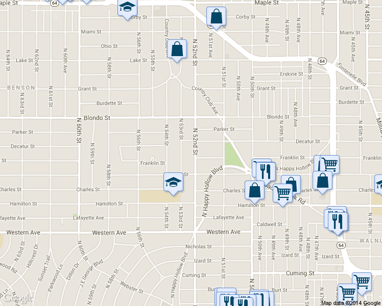 map of restaurants, bars, coffee shops, grocery stores, and more near 1708 North 52nd Street in Omaha
