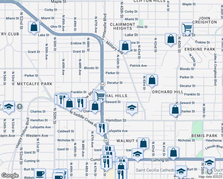 map of restaurants, bars, coffee shops, grocery stores, and more near 4520 Franklin Street in Omaha
