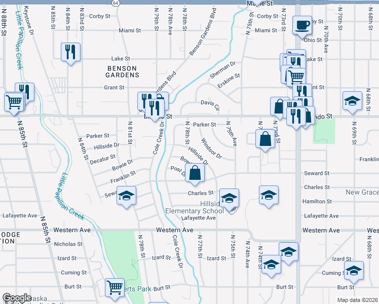 map of restaurants, bars, coffee shops, grocery stores, and more near 1746 Hillside Drive in Omaha