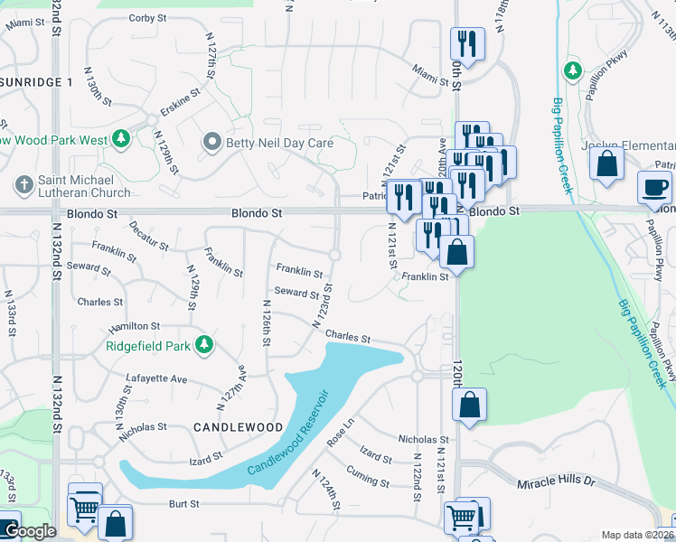 map of restaurants, bars, coffee shops, grocery stores, and more near 1717 North 123rd Street in Omaha