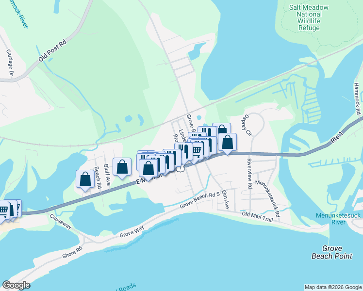 map of restaurants, bars, coffee shops, grocery stores, and more near 28 Broadway South in Westbrook