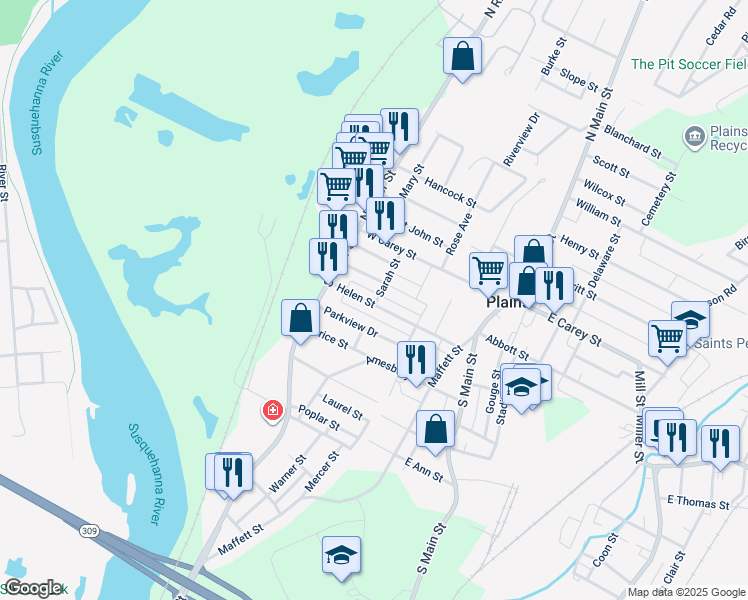 map of restaurants, bars, coffee shops, grocery stores, and more near 88 Helen Street in Wilkes-Barre