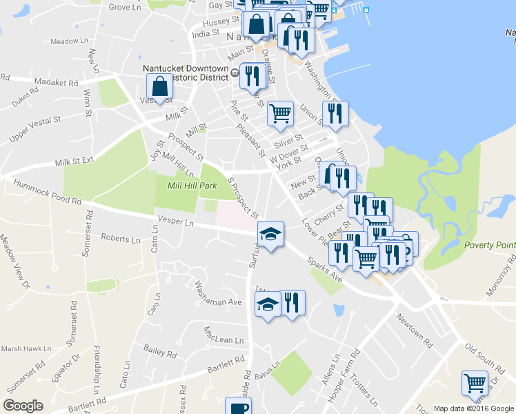 map of restaurants, bars, coffee shops, grocery stores, and more near 20 West York Lane in Nantucket