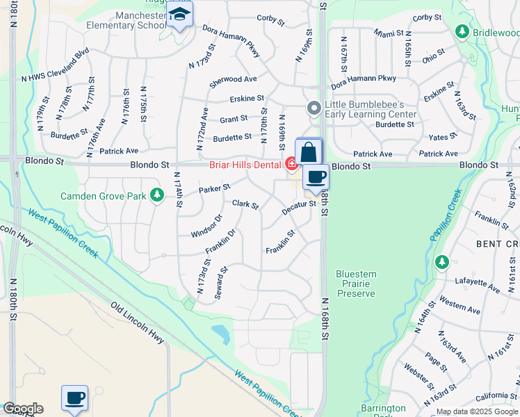 map of restaurants, bars, coffee shops, grocery stores, and more near 17105 Clark Street in Omaha