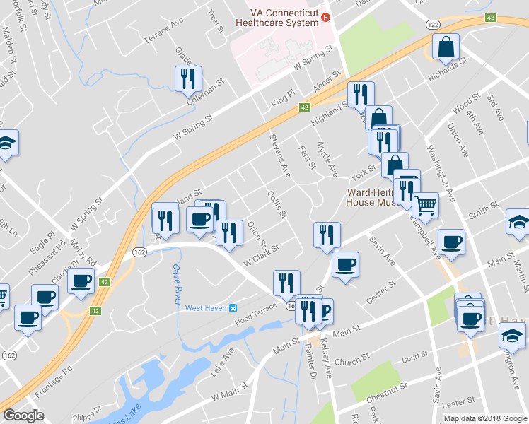 map of restaurants, bars, coffee shops, grocery stores, and more near 226 York Street in West Haven