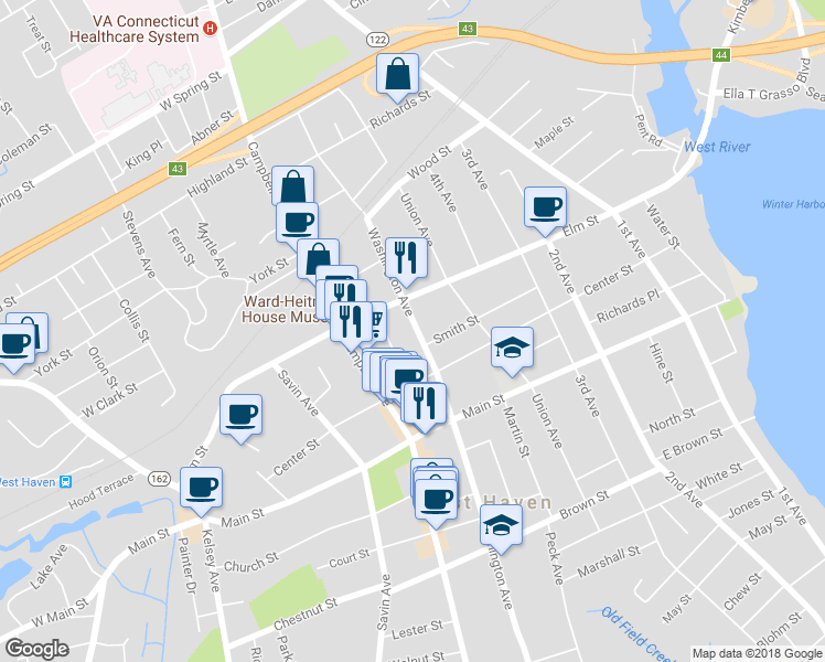 map of restaurants, bars, coffee shops, grocery stores, and more near 624 Washington Avenue in West Haven