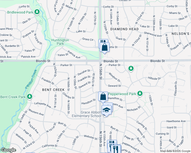 map of restaurants, bars, coffee shops, grocery stores, and more near 15616 Franklin Circle in Omaha