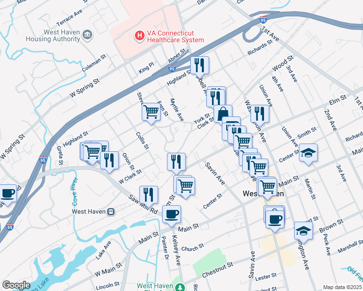 map of restaurants, bars, coffee shops, grocery stores, and more near 93 Clark Street in West Haven