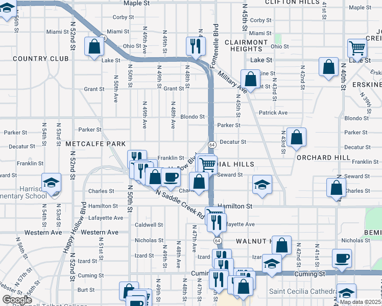 map of restaurants, bars, coffee shops, grocery stores, and more near 4736 Franklin Street in Omaha