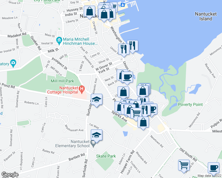 map of restaurants, bars, coffee shops, grocery stores, and more near 2 Camelia Lane in Nantucket