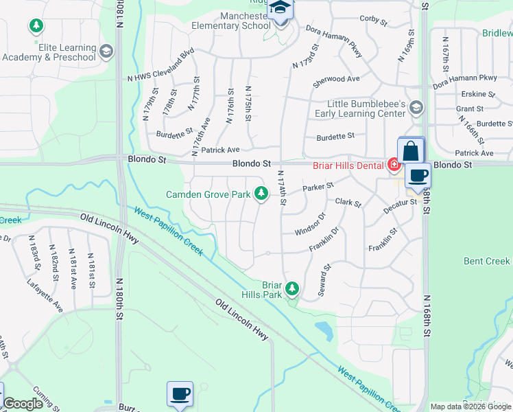 map of restaurants, bars, coffee shops, grocery stores, and more near 1836 North 175th Plaza in Omaha