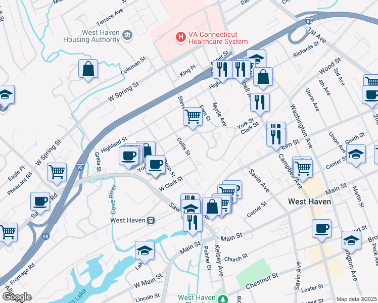 map of restaurants, bars, coffee shops, grocery stores, and more near 89a Collis Street in West Haven