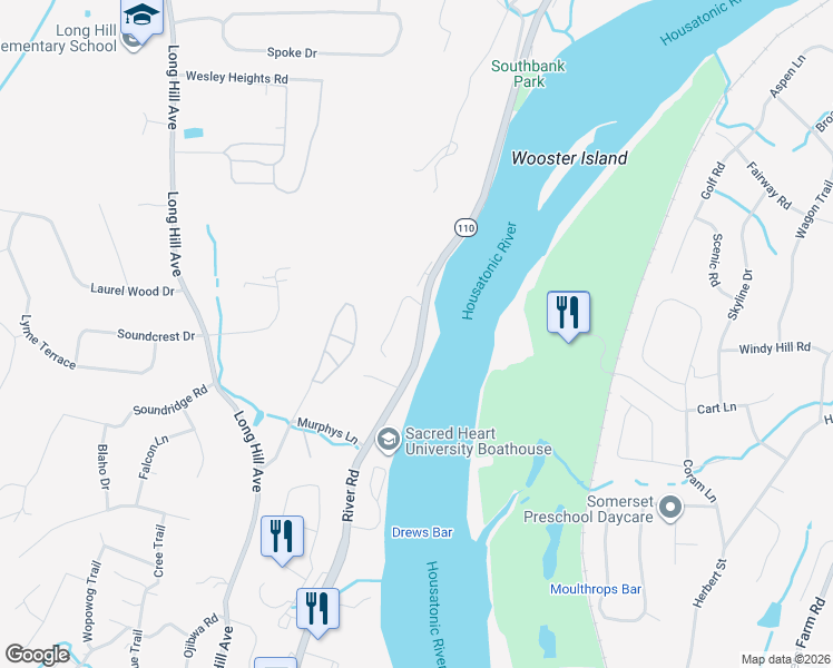 map of restaurants, bars, coffee shops, grocery stores, and more near 665 River Road in Shelton